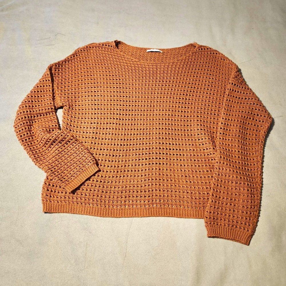 Staccato Women L Rust Brown Open Knit Crochet Sweater Boho Long Sleeve